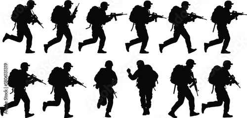 Soldier running silhouettes set, military army men, combat war vector illustration, infantry troops collection, special forces action, black fighter with gun, isolated