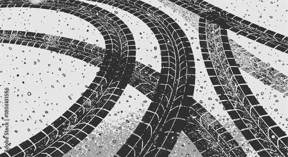 Obraz premium Tire tracks after skidding, launch, drift, powerslide in motorsport, rally, off-road, motocross. Wheel texture with splash effect. Vector, JPEG version.