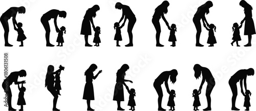 Vector collection of mother and daughter silhouettes interacting, holding hands, and bonding, black figures isolated on white background for family concept