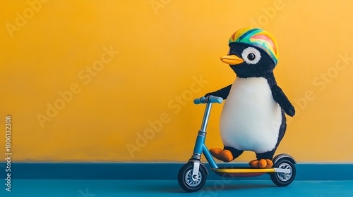 Fototapeta Naklejka Na Ścianę i Meble -  Stuffed penguin riding a scooter with a colorful helmet