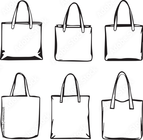 Set of six tote bag illustrations with varied shapes and handle styles in black and white line style