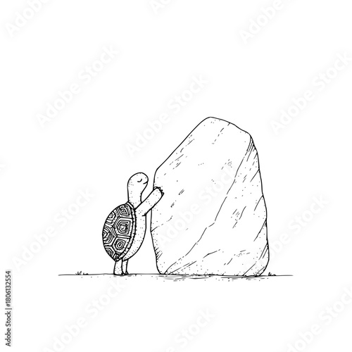 Turtle pushing rock illustration, persistence, determination, slow and steady, animal art, black and white drawing