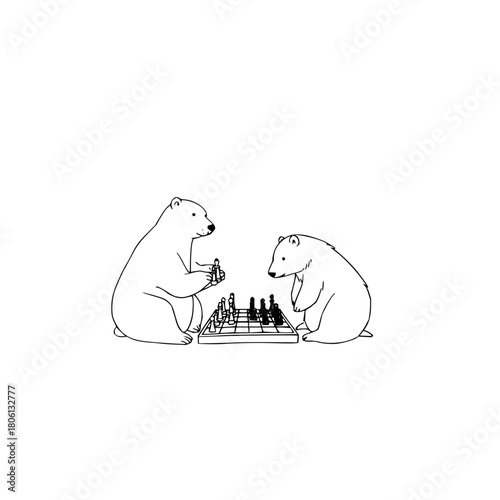 Otter chess game illustration black and white drawing otters playing chess strategic game animal art artwork sketch
