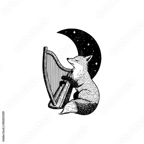 Fox playing harp under moon illustration art drawing animal fantasy musical instrument wildlife nature scene