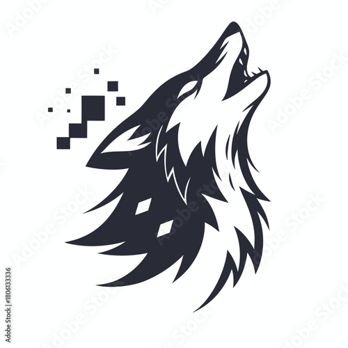 Howling wolf head in monochrome with digital pixel effect to the left side