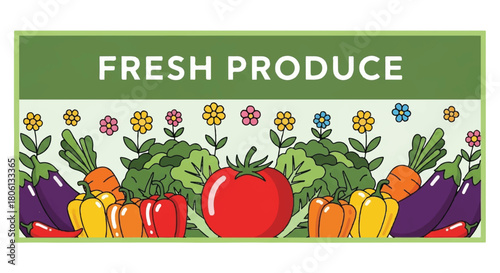 Fresh Produce Layout Design with Tomatoes, Bell Peppers, Carrots, and Flowers for a Market Background