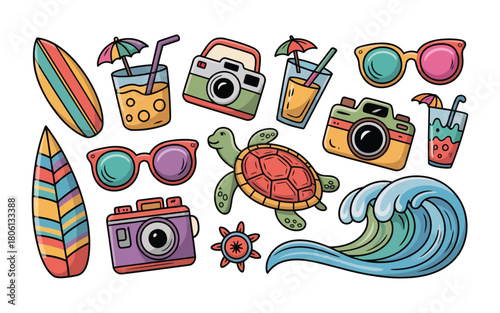 Colorful Summer Holiday and Beach Vacation Doodle Set