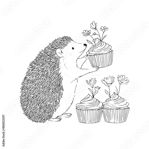 Hedgehog cupcake love hearts cute animal illustration sweet treat dessert bakery food drawing vector design