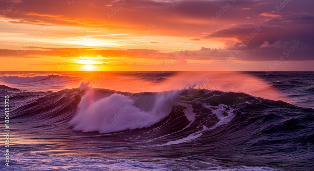 Fototapeta premium Ocean waves crashing under a vibrant sunset with orange and purple hues in the sky above the water