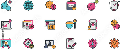 Business, technology, and financial administration icon set in line art style