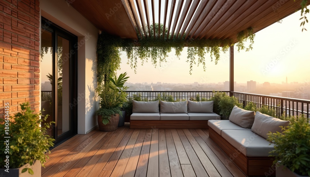 Obraz premium Cozy balcony with plants features lounge area with couch, city view. Exterior brick wall, pergola decorate this relaxing space. Perfect outdoor urban place. Evening sky background with soft sunshine.