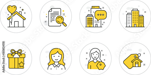 Modern line icons: real estate, property search, business, and user services set