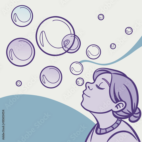 Daydreamer's Reverie: A figure, lost in contemplation, gazes up at a collection of floating bubbles, symbolizing imagination and tranquility. 
