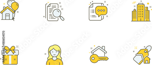 Real estate business icons: home, property, search, communication, urban city