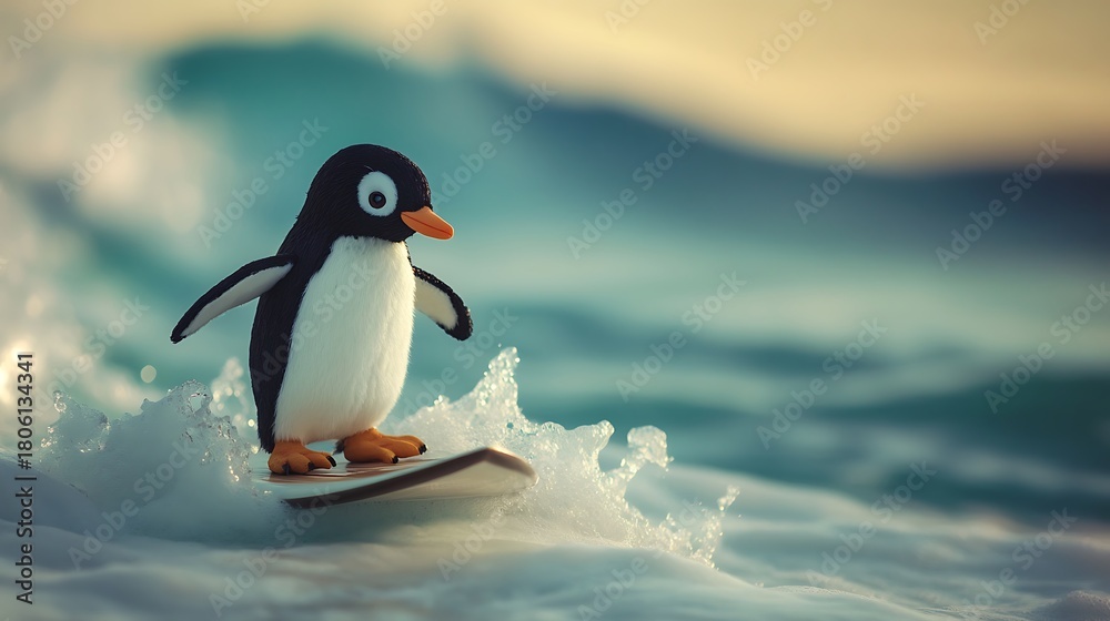 Fototapeta premium Stuffed penguin standing on a surfboard riding waves