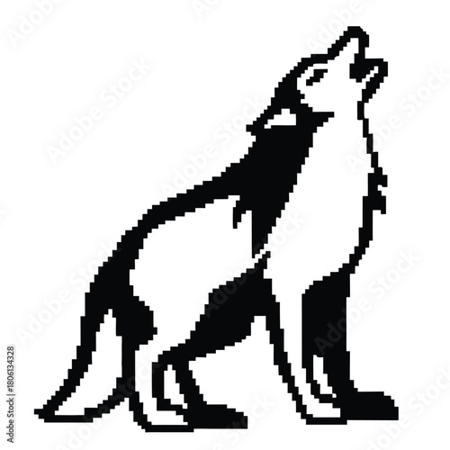 Pixelated wolf is howling towards the sky in a black and white digital rendering