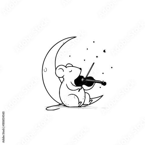 Mouse playing violin under moon and stars whimsical art illustration drawing vector graphic design image
