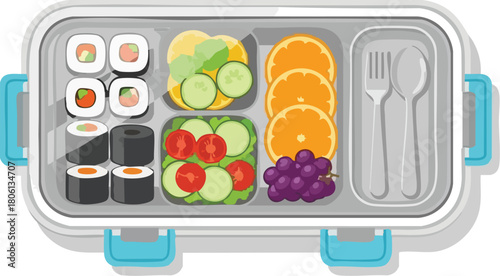Healthy Japanese Bento Box Lunch with Sushi Fresh Vegetables and Fruit for Work or School