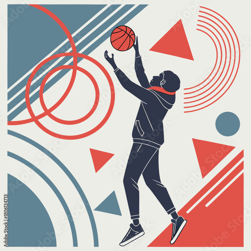 Basketball Silhouette and Artistic Composition: A dynamic illustration depicts a person gracefully shooting a basketball, set against a backdrop of bold geometric shapes and vibrant colors.