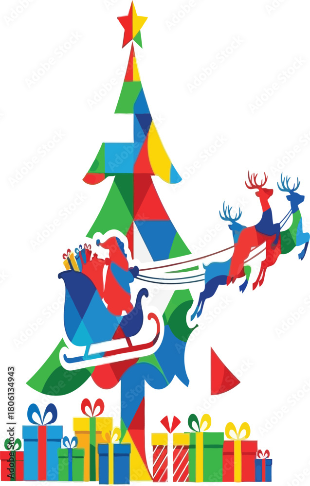 Obraz premium Merry christmas illustration with santa claus, christmas tree and gifts isolated on white background