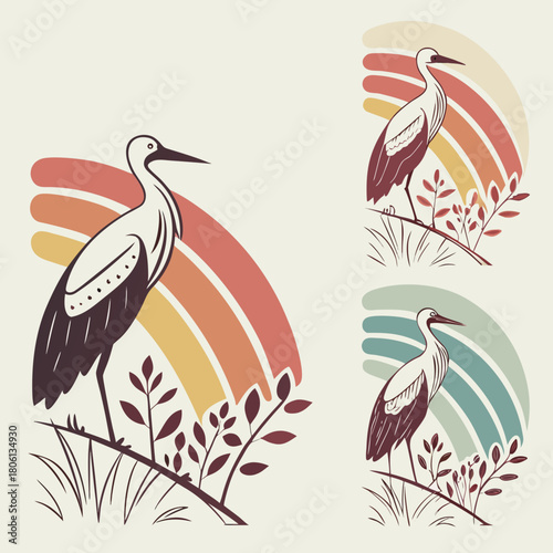 Abstract Stork Art: Artistic Illustration of stork and a vibrant rainbow evokes a sense of peace, harmony, and connection.