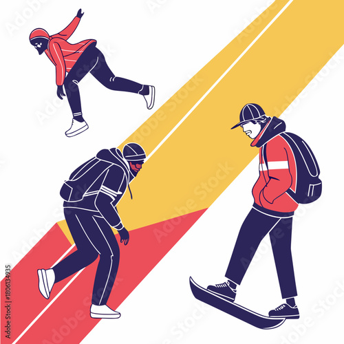 Dynamic Skaters in Action: Capturing the energy of youth as skateboarders showcase their skills with an illustrative display of motion, perfect for conveying dynamic movement and energetic expression.