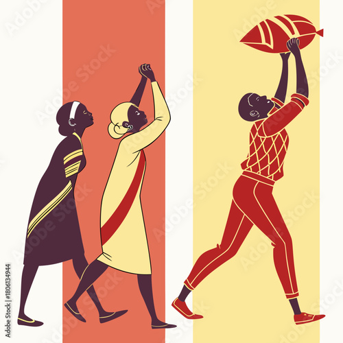 Cultural Procession: A stylized depiction of a vibrant cultural event, with three figures in traditional attire, walking in unison with an adorned element.