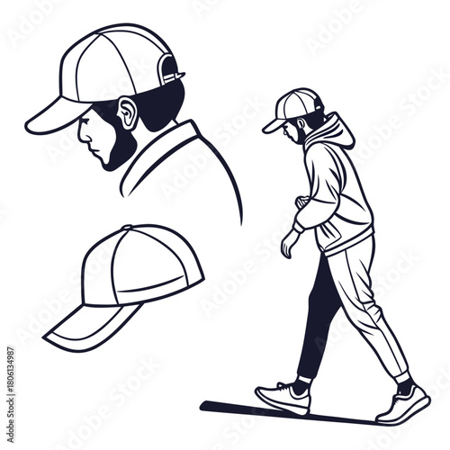 Style and Silhouette: Outlined illustration of a person wearing a cap with side profiles and full body movement. Clean, simple, and ready to infuse projects with dynamic energy. 