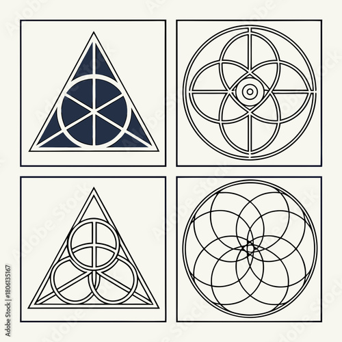 Geometric harmony: Intricate geometric shapes dance within a minimalist square, exploring lines, angles, and symmetry. Featuring geometric shapes, the art piece highlights design elements 