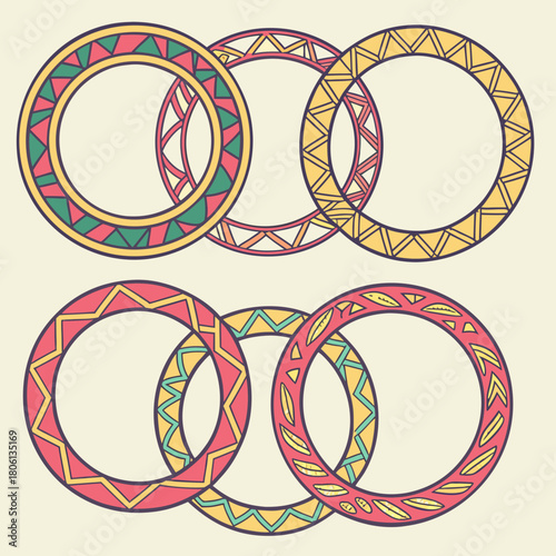 Geometric Rings Emblem: A collection of six intricately patterned, colorful rings. Each circle features distinct geometric designs, creating an eye-catching pattern.