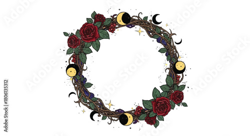 Dark Romantic Floral Wreath with Moon Stars