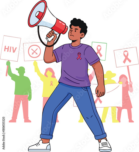 Illustration of a young man holding a megaphone with people behind him holding signs about HIV awareness in a colorful, symbolic composition.