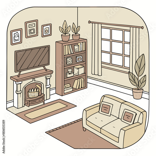 Cozy Living Room Illustration: A charming, inviting living room illustration, with a comfortable sofa, bookshelves, fireplace, and potted plants, creating a warm, domestic atmosphere. 