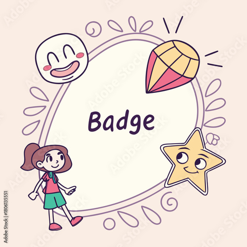 Cute hand drawn badge frame with girl gem and star