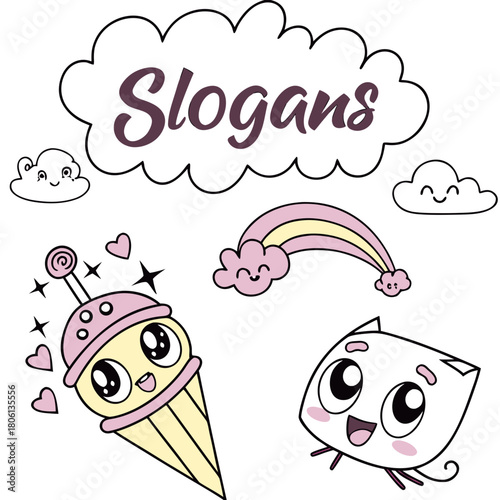 Cute kawaii style illustrations of ice cream pillow rainbow and clouds