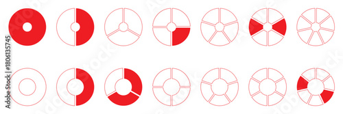 Circles divided diagrams on from 1 to 12 equal parts. Segments wheel round divide infographic. Coaching blank template. Graph pie, pizza shape section charts simple yellow icons.