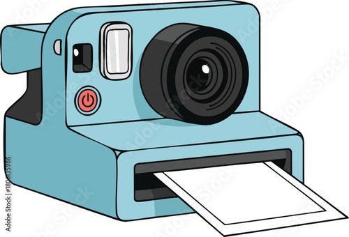Cute Light Blue Instant Film Camera Printing Snapshot Cartoon Illustration