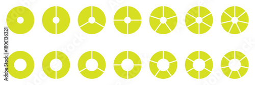 Circle division on 1, 2, 3, 4, 5, 6, 7, 8, 9, 10, 11, 12, 13, 14 equal parts. Wheel life round divided diagrams with segments. Blank infographic progress icons. Coaching tool. Segmented pinwheel 