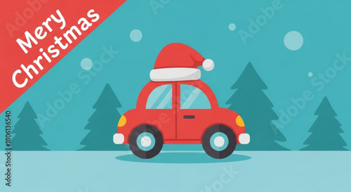 A red car with a santa hat on the roof is driving through a snowy forest, wishing everyone a merry christmas and a happy new year
