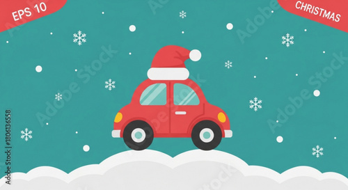 A red car with a santa hat on the roof is driving through a snowy landscape, wishing everyone a merry christmas and a happy new year
