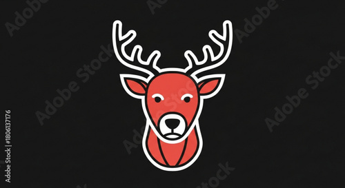 Stylized red deer head with white outline and antlers, set against a dark background, creating a minimalist and modern design