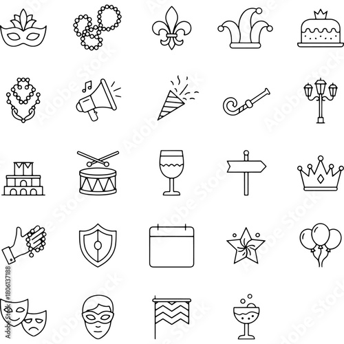 Essential set of outline icons illustrating carnival, mardi gras, celebration, and party festivities elements on white. Vector