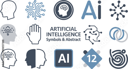 Depiction of Artificial Intelligence Concepts, Abstract Symbols, and Related Elements on White Background