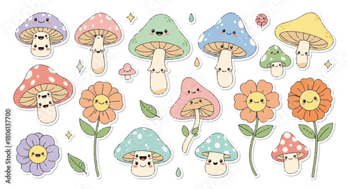 Cute Kawaii Cartoon Mushroom Characters
