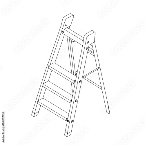 "A technical, isometric-style line drawing of a step ladder, rendered in pure black lines on a white background. The ladder’s frame, rungs, and hinges are shown with disciplined symmetry and no shadin