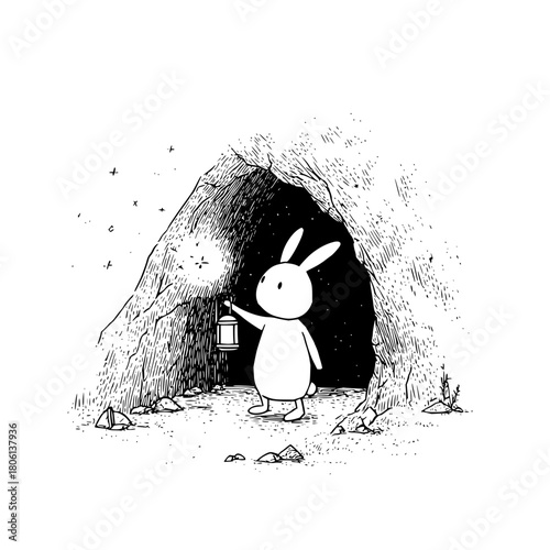 Rabbit adventure in dark cave with lantern illustration exploration fantasy art black and white drawing sketch