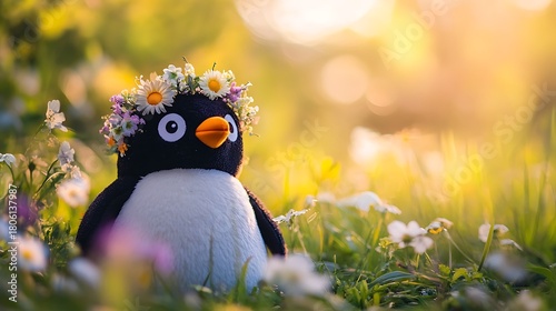Fototapeta Naklejka Na Ścianę i Meble -  Stuffed penguin with a flower crown sitting in a meadow