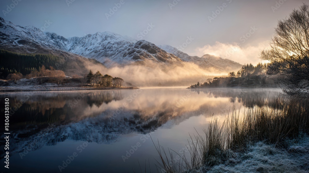 Obraz premium Calm winter morning at the lake with mist, mountains, and reflections in the water in the Scottish Highlands