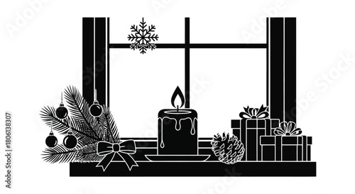 Silhouette of a christmas window scene with a lit candle decorated tree and wrapped gifts