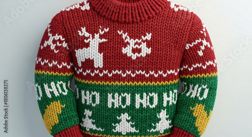 Festive and fun red christmas sweater with reindeer and ho ho ho design isolated on perfect for holiday cheer and cozy winter vibes
